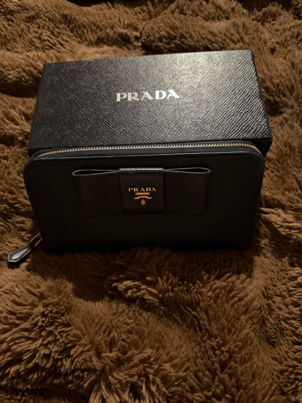 Prada Black Saffiano Leather Zip-Around Wallet with Bow Plaque